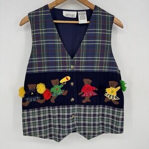 Casey & Max Plaid Embroidered Vintage Vest Teacher Art‎ Bears Women's Medium 90s